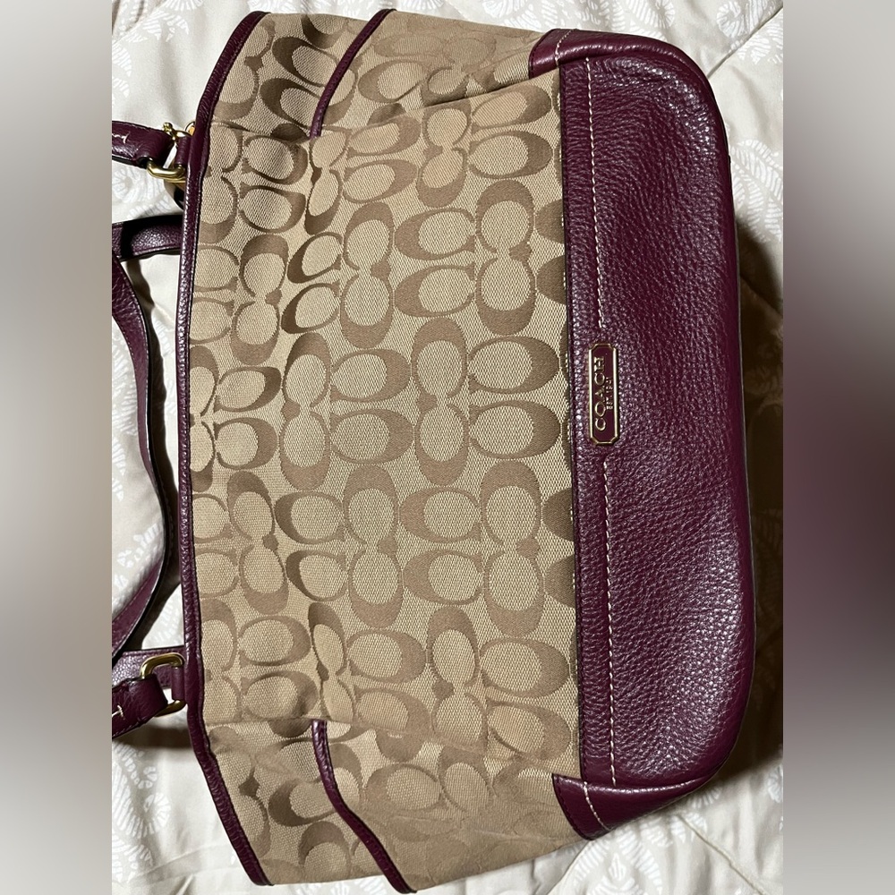 Coach Park Signature Carrie Tote - Burgundy leather with tan.